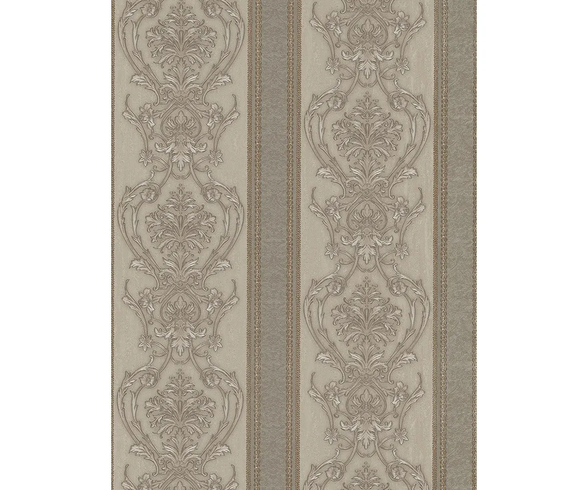 Ornated Floral Damask Stripes Silver 5782-27 Wallpaper