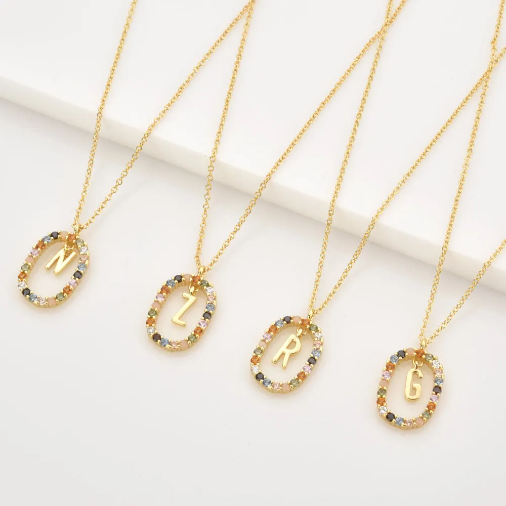 Oval Gems Initials Necklace (A to Z)
