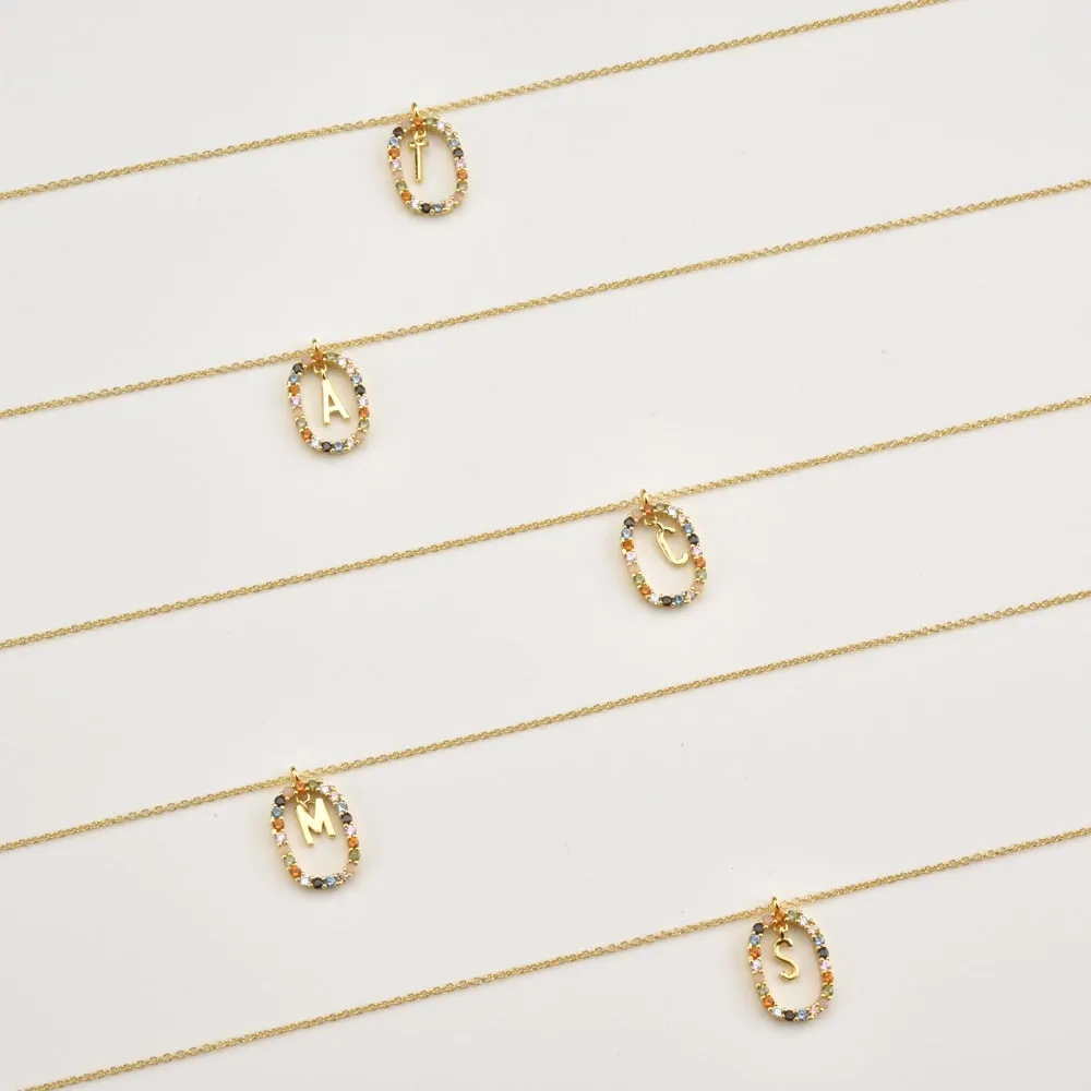 Oval Gems Initials Necklace (A to Z)