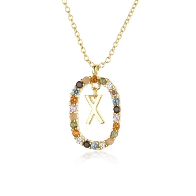 Oval Gems Initials Necklace (A to Z)