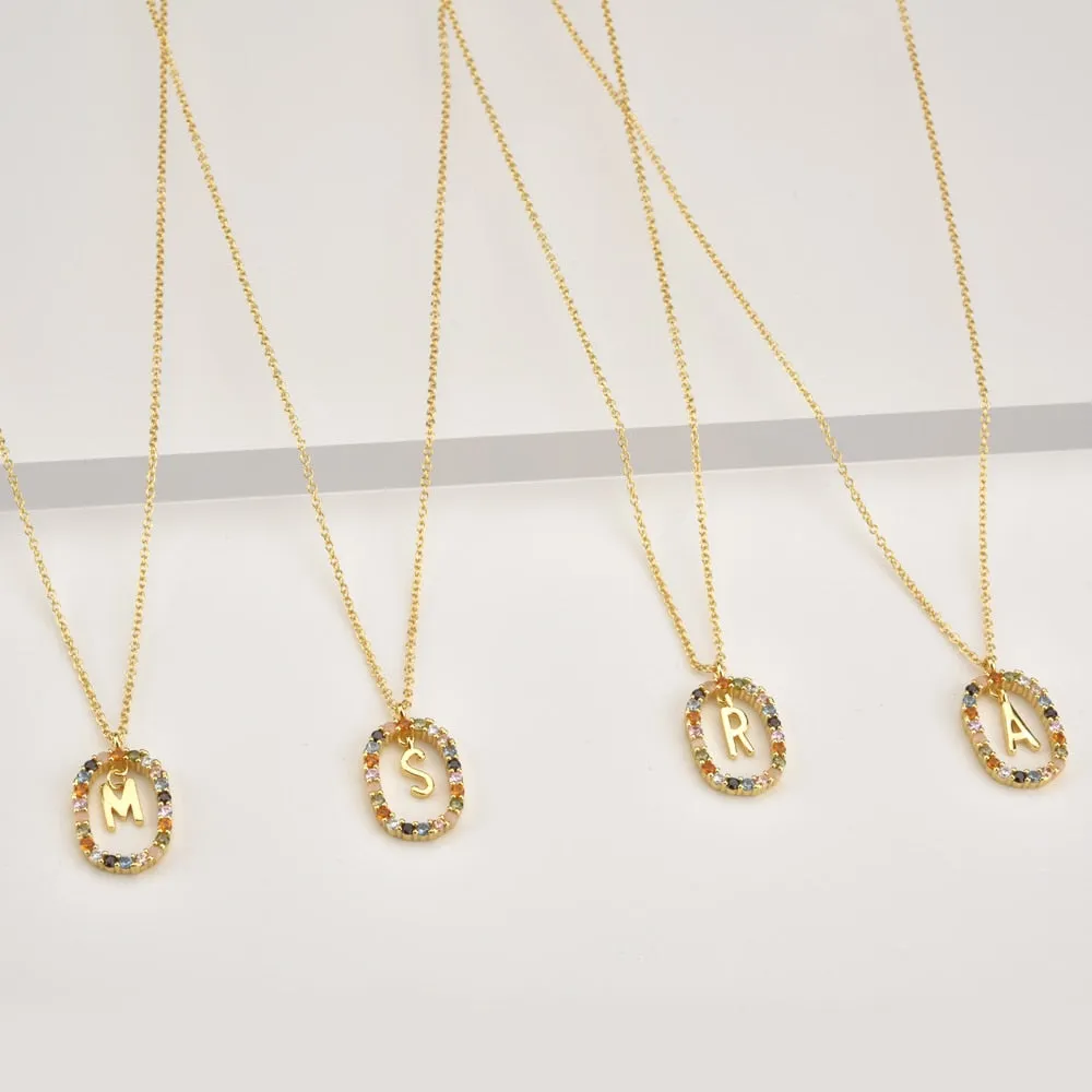 Oval Gems Initials Necklace (A to Z)
