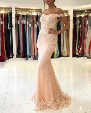 peach evening dresses long off the shoulder beaded applique mermaid elegant evening gown vestido de Longo