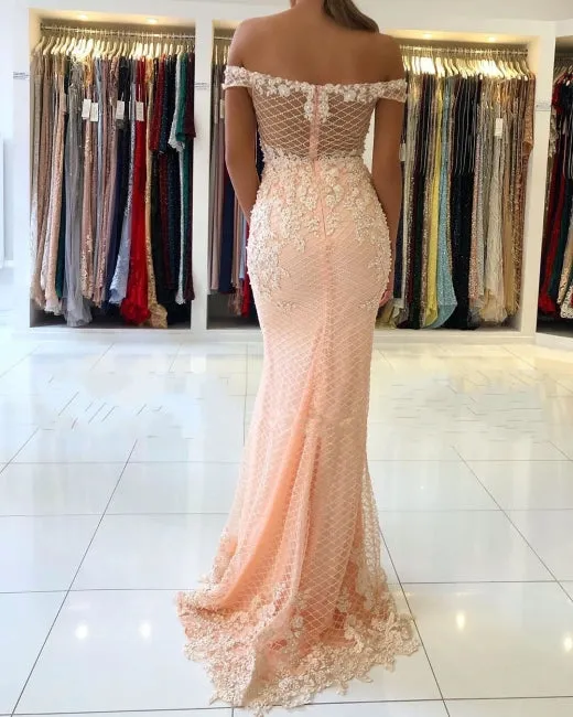 peach evening dresses long off the shoulder beaded applique mermaid elegant evening gown vestido de Longo