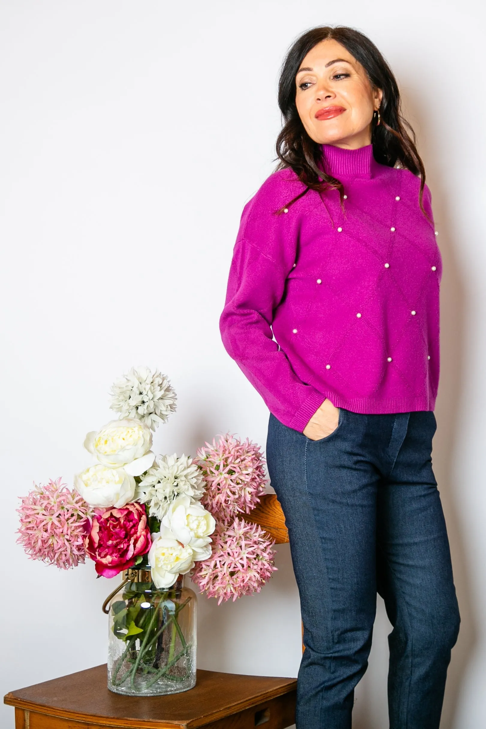 Pearl Detail Mock Neck Jumper