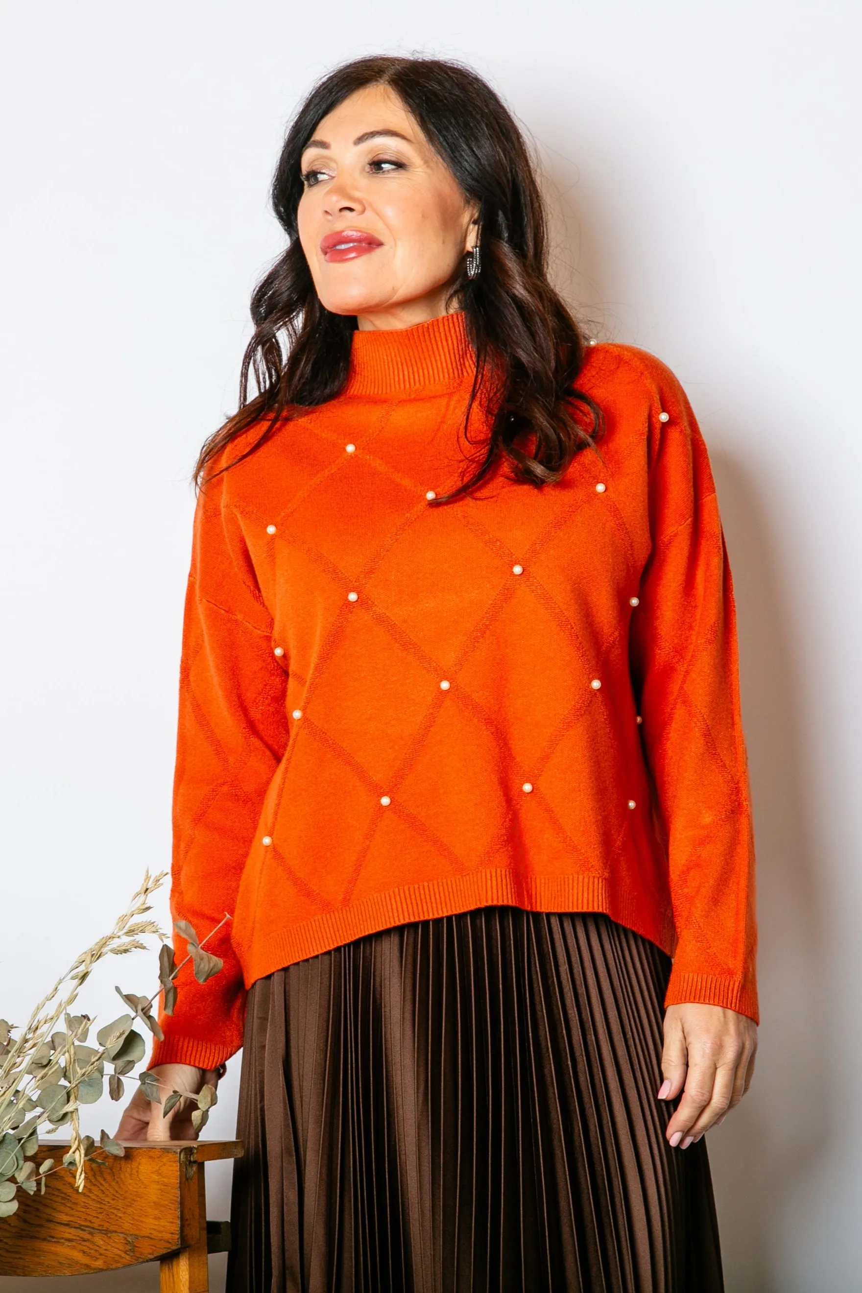 Pearl Detail Mock Neck Jumper