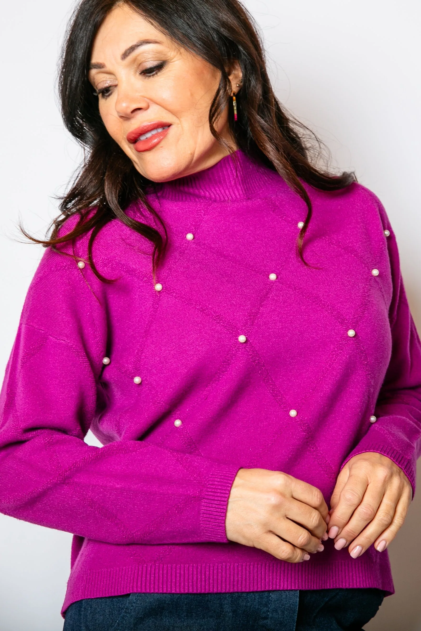 Pearl Detail Mock Neck Jumper
