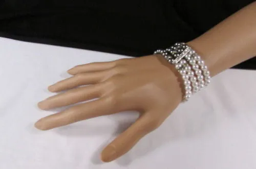 Pewter Black Pewter Cream Imitation Pearl Beads Elastic Bracelet