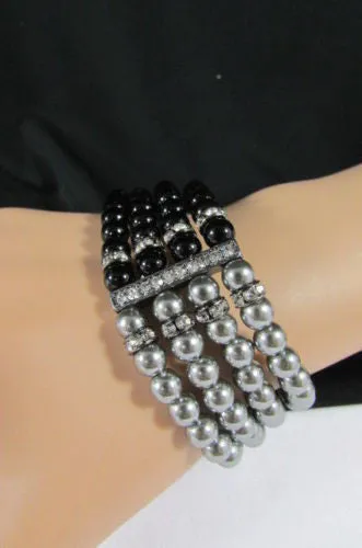 Pewter Black Pewter Cream Imitation Pearl Beads Elastic Bracelet