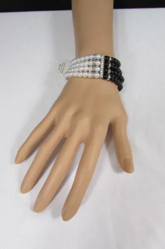Pewter Black Pewter Cream Imitation Pearl Beads Elastic Bracelet