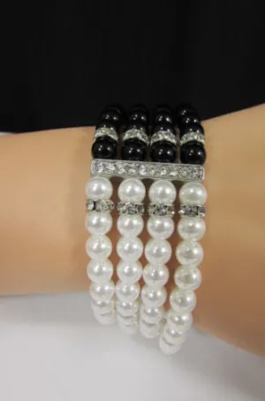 Pewter Black Pewter Cream Imitation Pearl Beads Elastic Bracelet