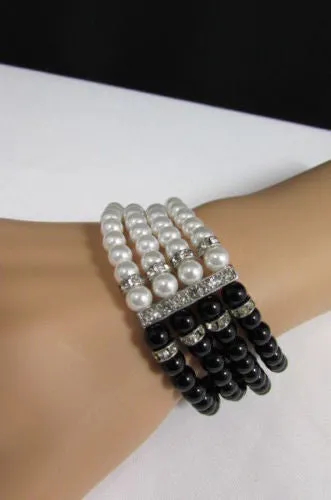 Pewter Black Pewter Cream Imitation Pearl Beads Elastic Bracelet