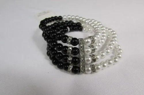 Pewter Black Pewter Cream Imitation Pearl Beads Elastic Bracelet