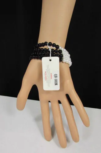 Pewter Black Pewter Cream Imitation Pearl Beads Elastic Bracelet
