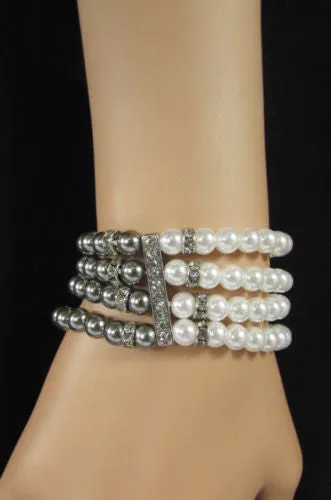 Pewter Black Pewter Cream Imitation Pearl Beads Elastic Bracelet