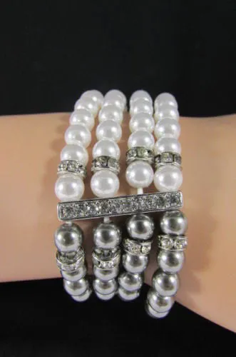 Pewter Black Pewter Cream Imitation Pearl Beads Elastic Bracelet
