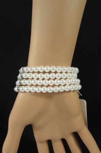 Pewter Black Pewter Cream Imitation Pearl Beads Elastic Bracelet