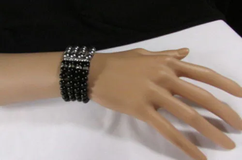 Pewter Black Pewter Cream Imitation Pearl Beads Elastic Bracelet