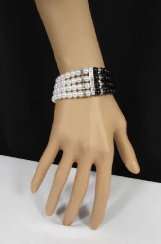 Pewter Black Pewter Cream Imitation Pearl Beads Elastic Bracelet