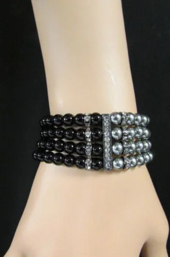 Pewter Black Pewter Cream Imitation Pearl Beads Elastic Bracelet