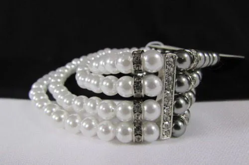 Pewter Black Pewter Cream Imitation Pearl Beads Elastic Bracelet