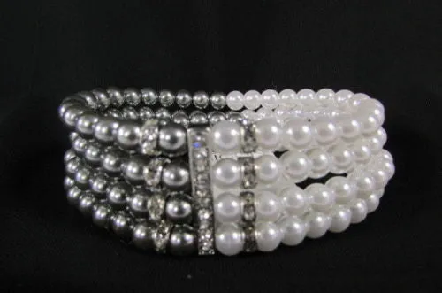 Pewter Black Pewter Cream Imitation Pearl Beads Elastic Bracelet