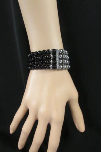 Pewter Black Pewter Cream Imitation Pearl Beads Elastic Bracelet