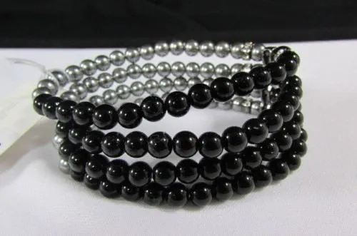 Pewter Black Pewter Cream Imitation Pearl Beads Elastic Bracelet