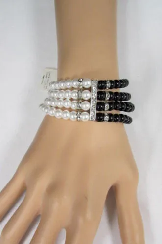 Pewter Black Pewter Cream Imitation Pearl Beads Elastic Bracelet