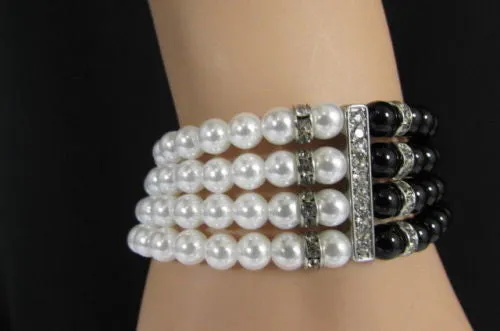 Pewter Black Pewter Cream Imitation Pearl Beads Elastic Bracelet