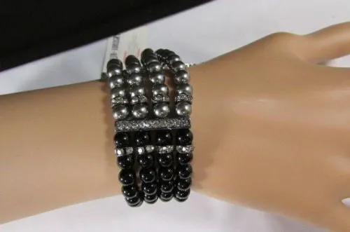 Pewter Black Pewter Cream Imitation Pearl Beads Elastic Bracelet