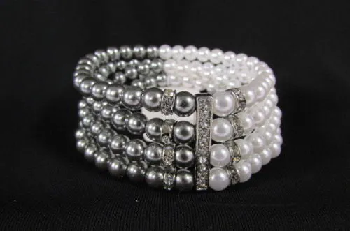 Pewter Black Pewter Cream Imitation Pearl Beads Elastic Bracelet