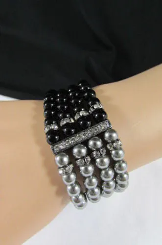 Pewter Black Pewter Cream Imitation Pearl Beads Elastic Bracelet