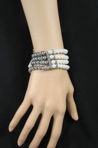 Pewter Black Pewter Cream Imitation Pearl Beads Elastic Bracelet