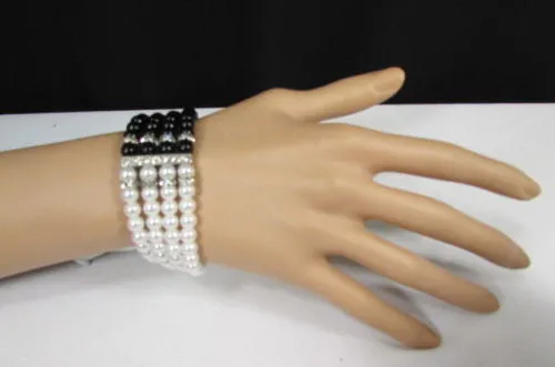 Pewter Black Pewter Cream Imitation Pearl Beads Elastic Bracelet