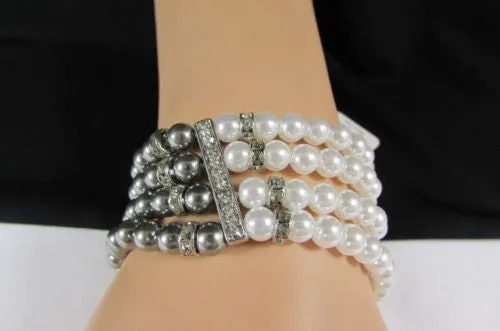 Pewter Black Pewter Cream Imitation Pearl Beads Elastic Bracelet