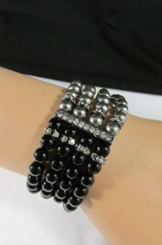 Pewter Black Pewter Cream Imitation Pearl Beads Elastic Bracelet