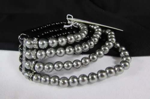 Pewter Black Pewter Cream Imitation Pearl Beads Elastic Bracelet
