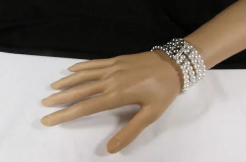 Pewter Black Pewter Cream Imitation Pearl Beads Elastic Bracelet