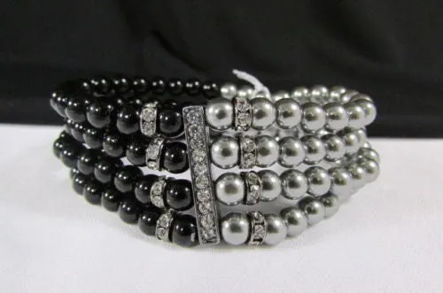 Pewter Black Pewter Cream Imitation Pearl Beads Elastic Bracelet