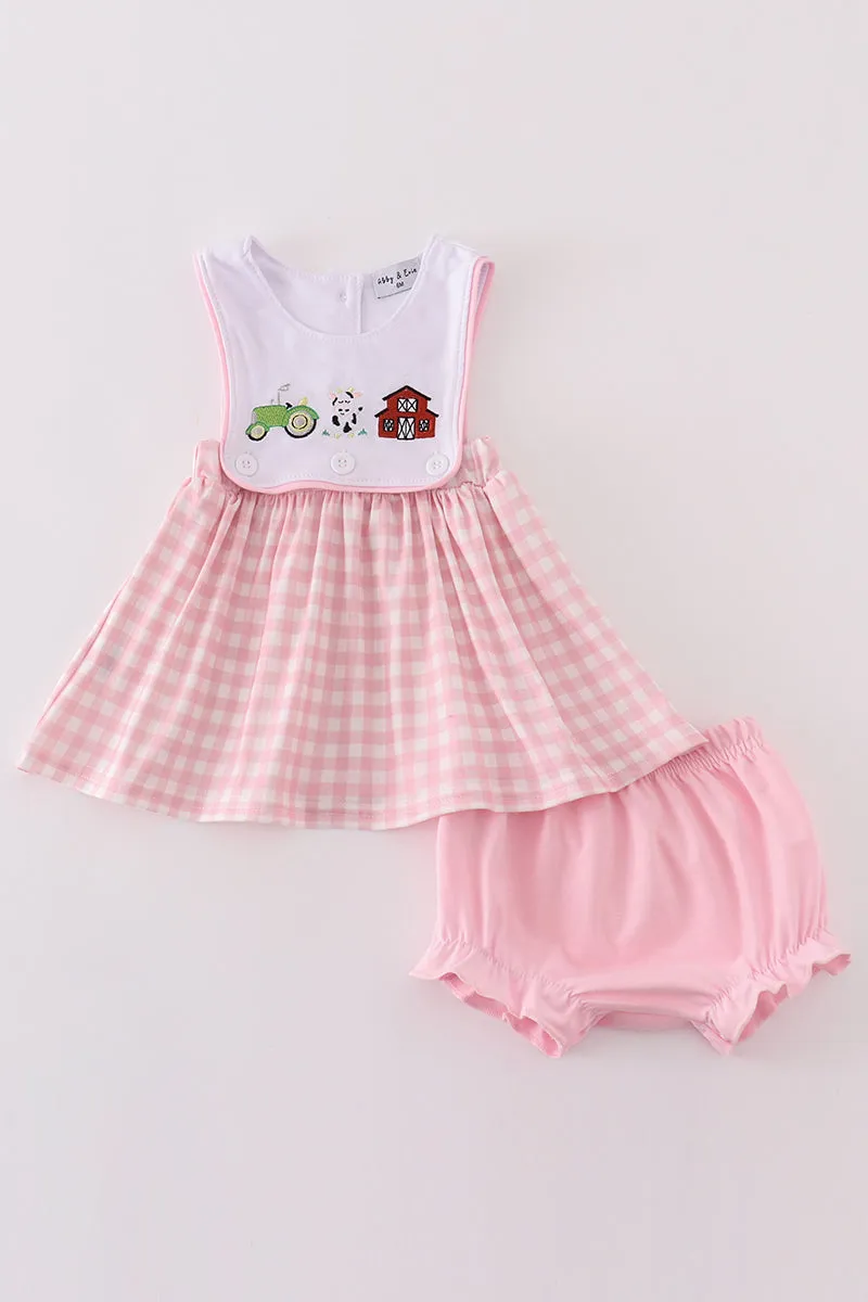 Pink Farm Embroidery Girl Bloomer Set
