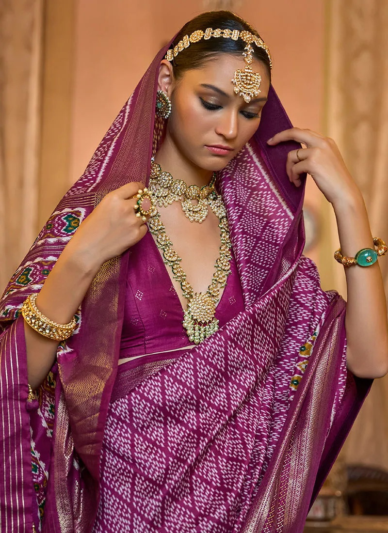 Pink Ikat Printed Patola Silk Saree