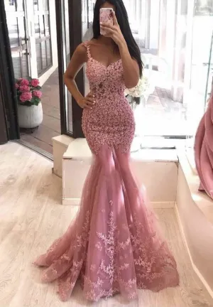 pink Lace Applique evening dresses long beaded elegant spaghetti strap modest evening gown 2021
