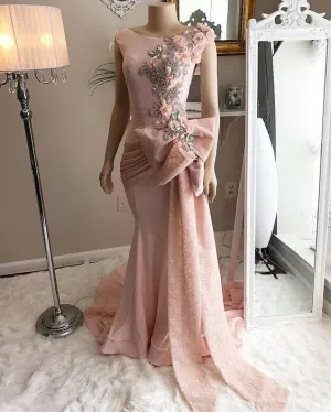 pink lace evening dresses long cap sleeve mermaid beaded crystals peals modest elegant evening gown