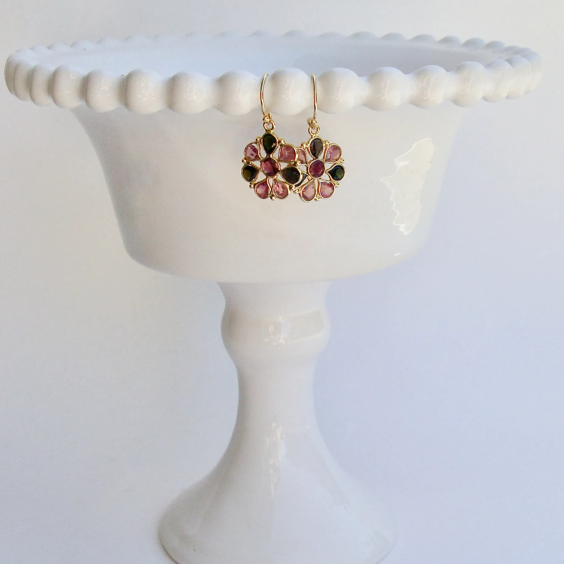 Pink/Green Tourmaline Flower Dangle Earrings - Pandora II Earrings