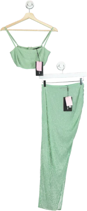PrettyLittleThing Mint Premium Embellished Straight Neck Bralet and Skirt Set UK 8