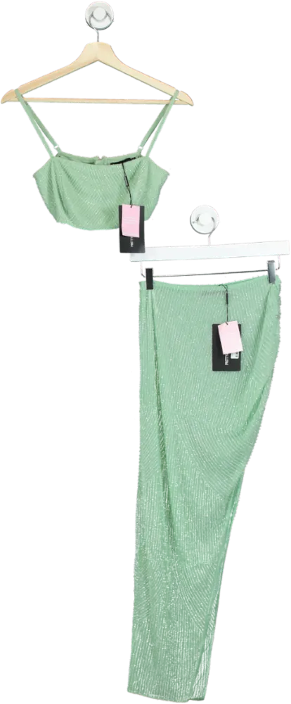 PrettyLittleThing Mint Premium Embellished Straight Neck Bralet and Skirt Set UK 8