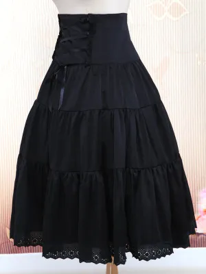 Pure Black Cotton Loltia Long Skirt High Waist Ruffles Trim
