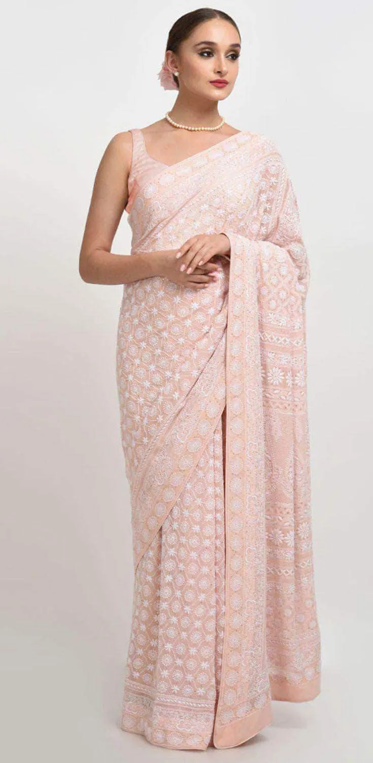 Pure Georgette Baby Pink Chikankari Sarees