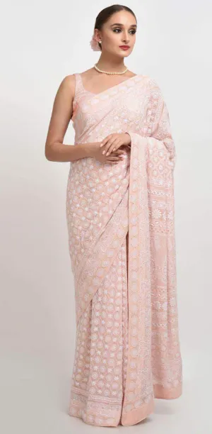 Pure Georgette Baby Pink Chikankari Sarees