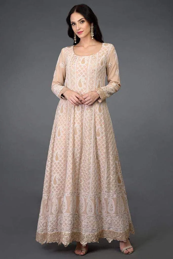 Pure Georgette Handwork Chikankari Antique White Anarkali Suit